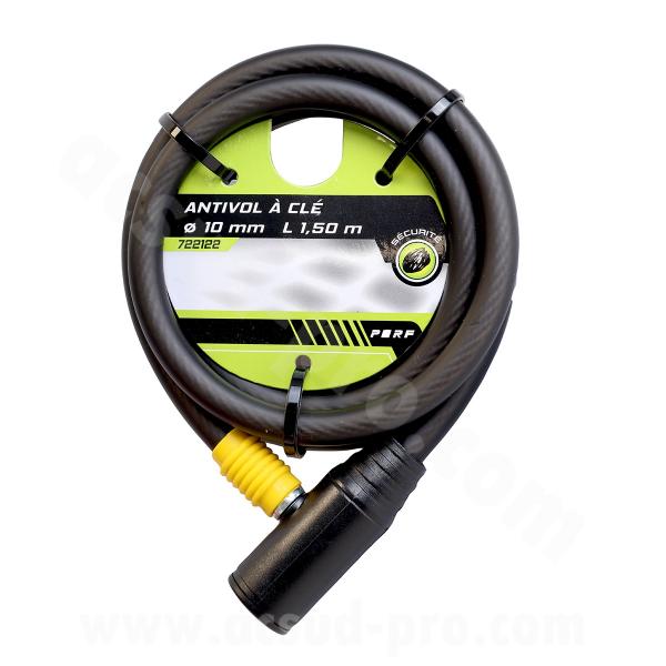 ANTIVOL VELO SPIRAL A CLE PERF Ø10mm L 1.50m  (LIVRE AVEC SUPPORT)